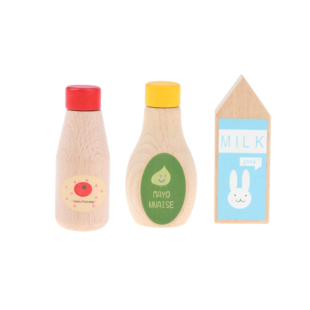 3pcs Wooden Ketchup Tomato Mayonnaise Milk Bottle - Kitchen Cooking Pretend Play Game Kid Child Developmental Toys