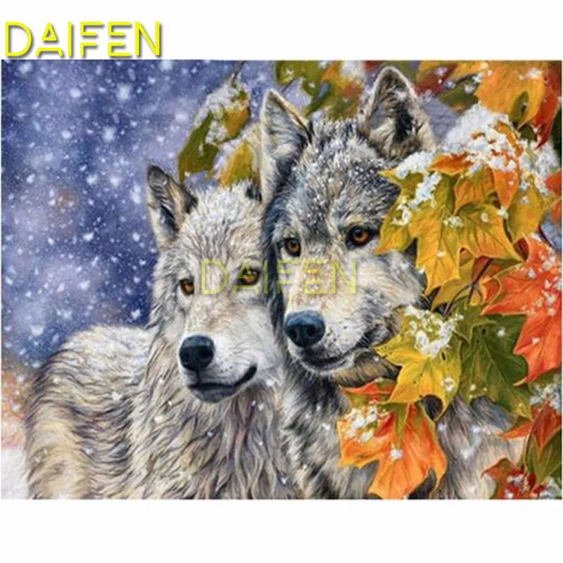 

5D DIY Diamond embroidery Cross stitch Full Round Diamond mosaic Full Square Diamond painting wolf snow leaves