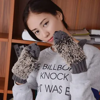 

Womens Cartoon Hedgehog Gloves Thicken Winter Hand Warmer Knitted Wrist Mittens