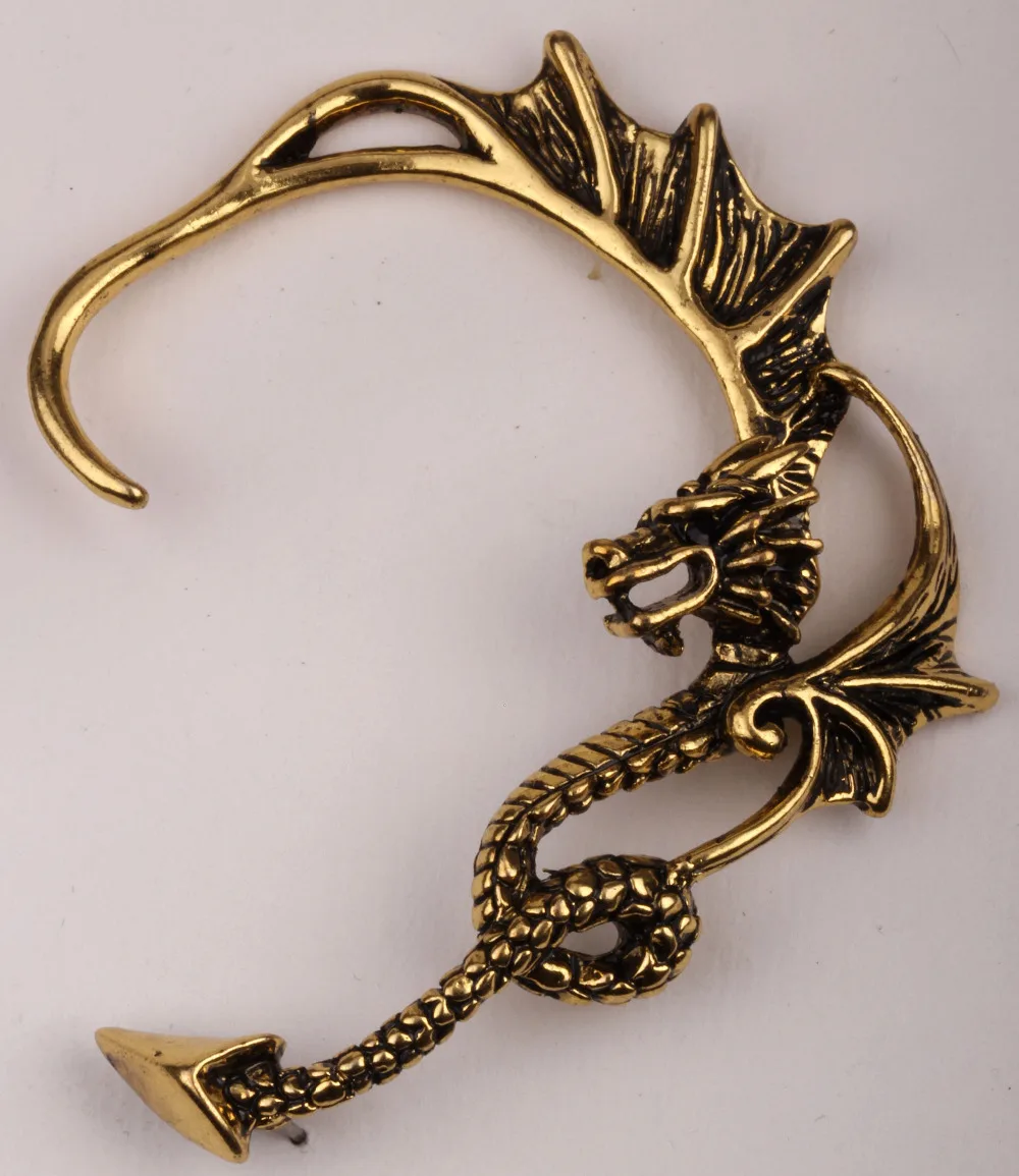 Dragon left ear wrap clip cuff long earrings antique gold silver color