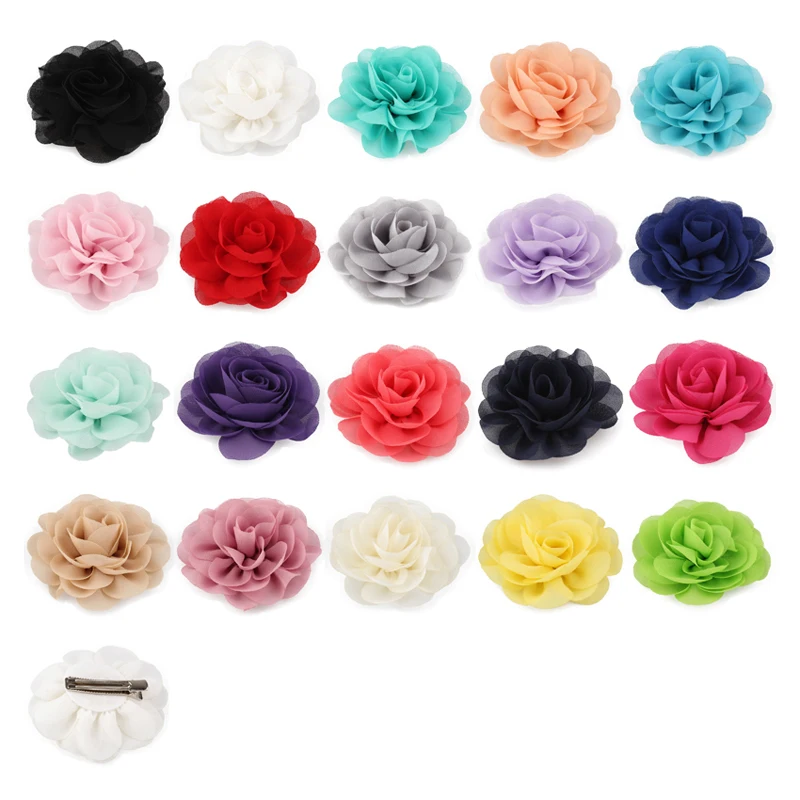 

120pcs/lot 20colors 8.5cm Chiffon Petals Poppy Flower Hair Clips Rolled Rose Fabric Hair Flowers For Kids Girls Hair Accessories