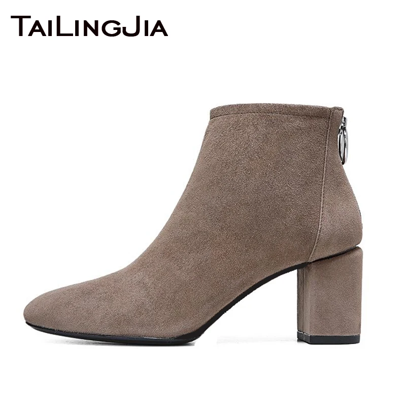 

Pointed Toe Block Low Heel Women Boots Woman Short Boots Ladies Ankle Boots Short Plush Zipper Handmade High Quality Brand 2019