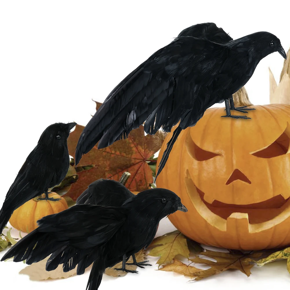 

3Pcs Halloween Realistic Handmade Crow Prop Black Feathered Crow Fly Stand Crows Ravens Crow Household Decoration Accessories