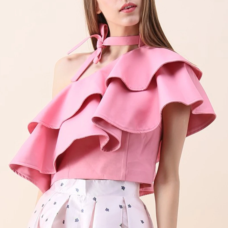 

Woman Summer Pink Tiered Blouses Sexy Cold Shoulder Tops SALE