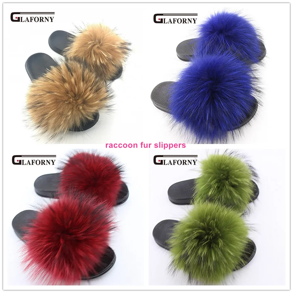 

Glaforny 2018 Real Raccoon Fur Slippers Women Fashion Style Slides Spring Autumn Winter Indoor Flip Flops Flat Candy Colors