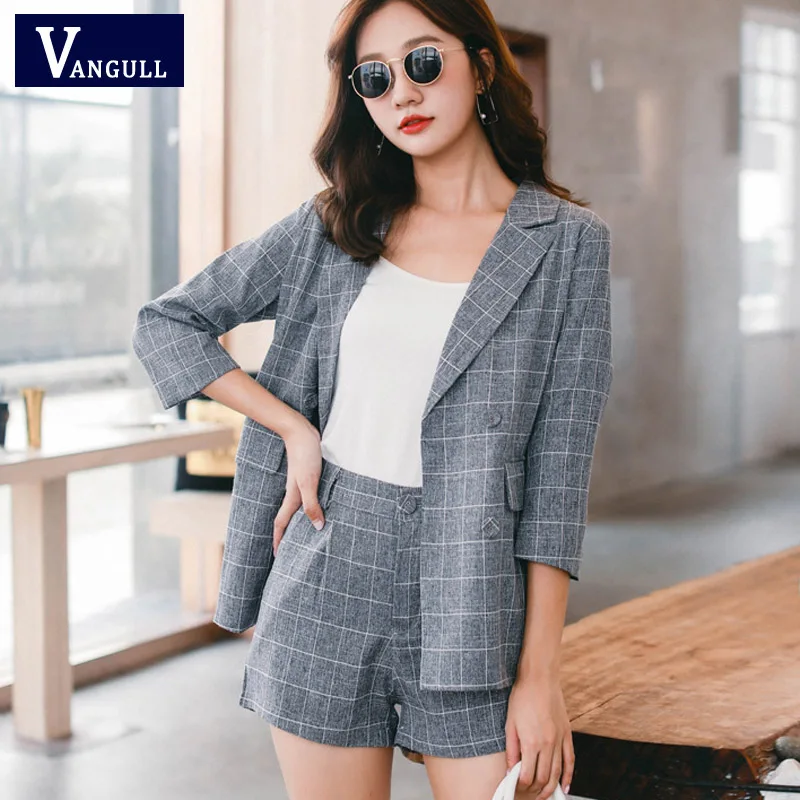

Vangull Plaid Short Pant Suits for Women Spring Summer Double Breasted Notched Blazer Jacket & Hot Shorts Casual 2 Pieces Set