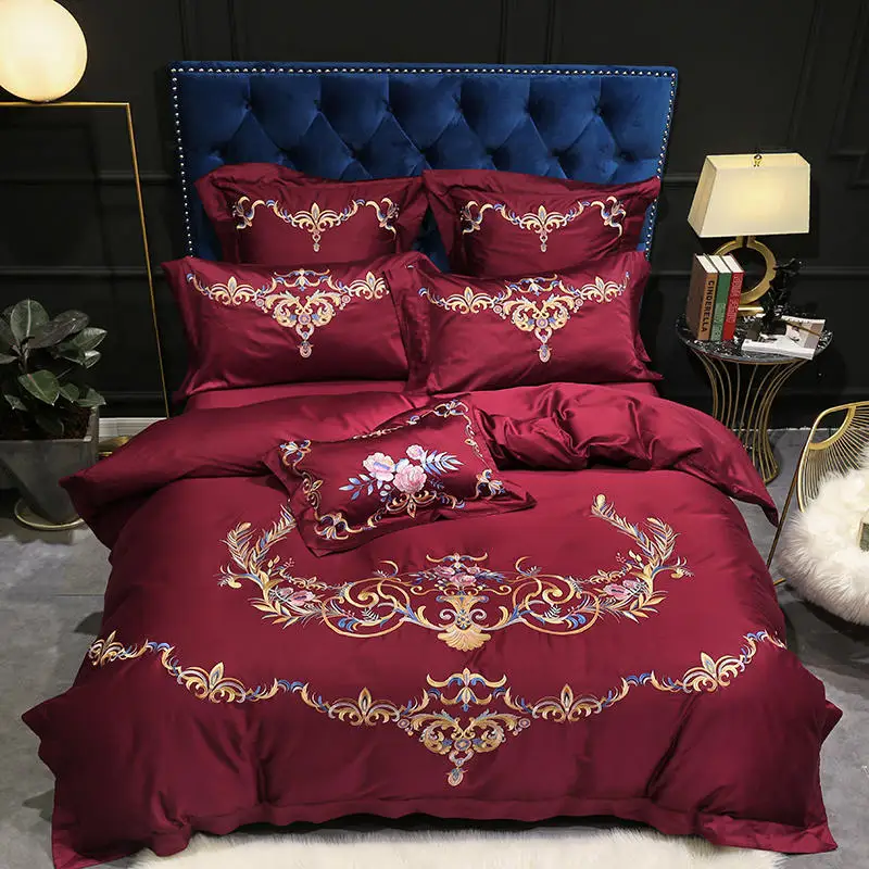 

Wine Red Blue Egyptian Cotton Premium Embroidery Bedding Silky Ultra Soft Duvet cover set Queen/King Size Bed sheet Pillow shams