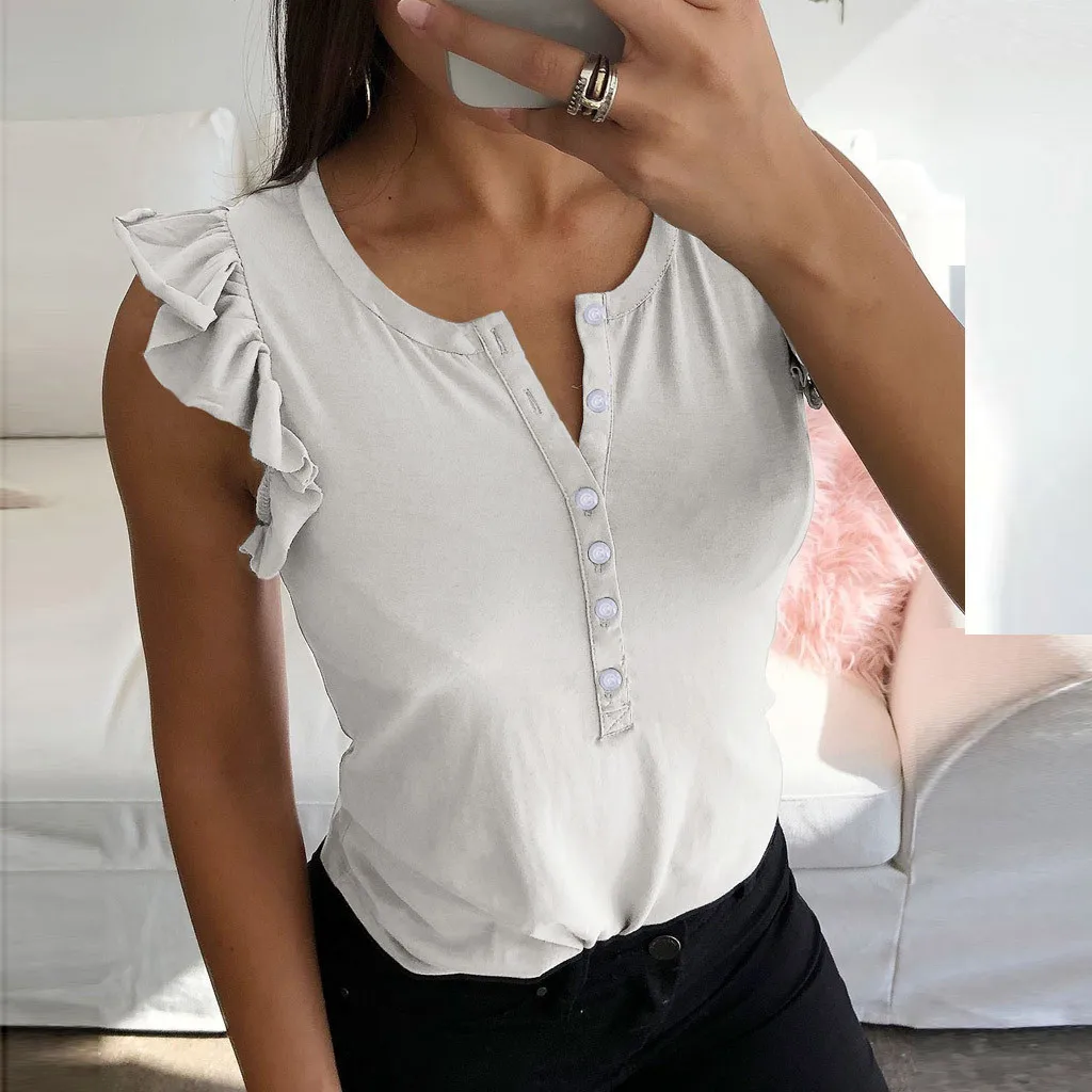 

2019 Ruffles Solid Buttons V-Neck Camis Summer Fashion Sleeveless Tee Tops Women's Shirt Camisole Tank Sexy Vest Female Blusas