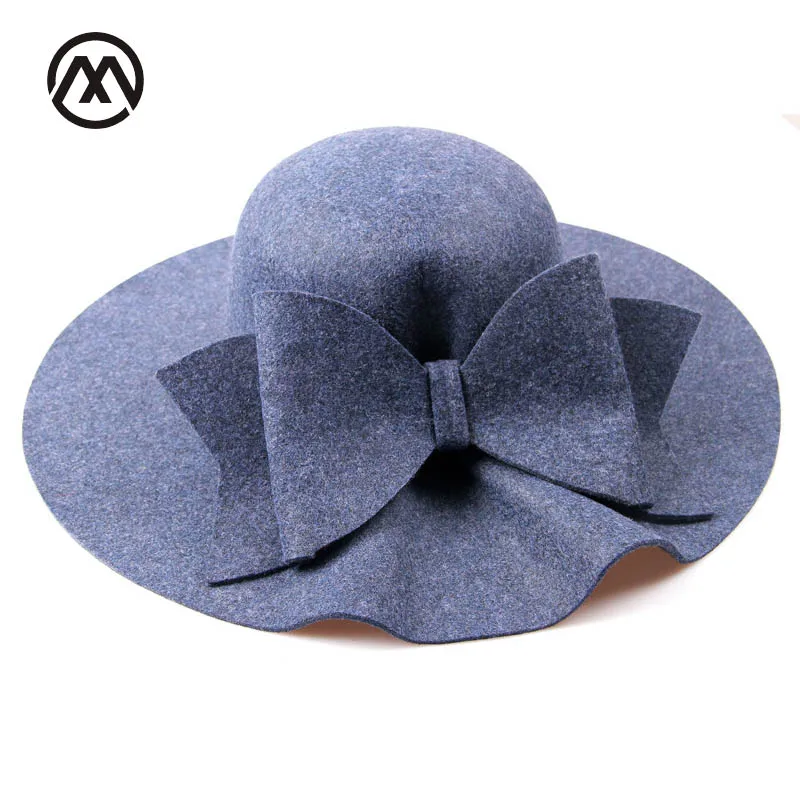

2017 Bow Tie Fedoras Felt Hats Women Autumn Winter Cap For Women Europe Classic Girl Vintage Hat Wave Brim Fedoras Church Hats