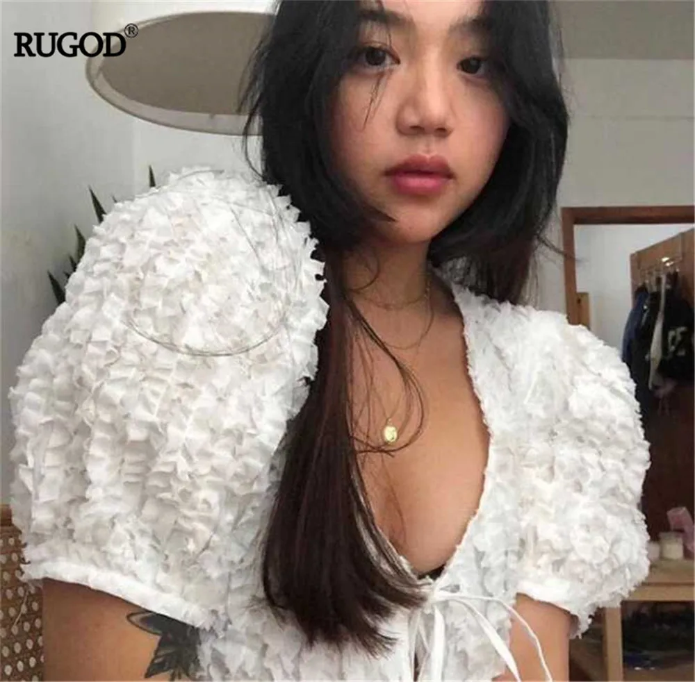 Бежевый RUGOD Лето г. для женщин сплошной короткий рукав с оборкой футболка очень короткие Топ пикантные повседневное леди хлопковый топ - Цвет: Бежевый