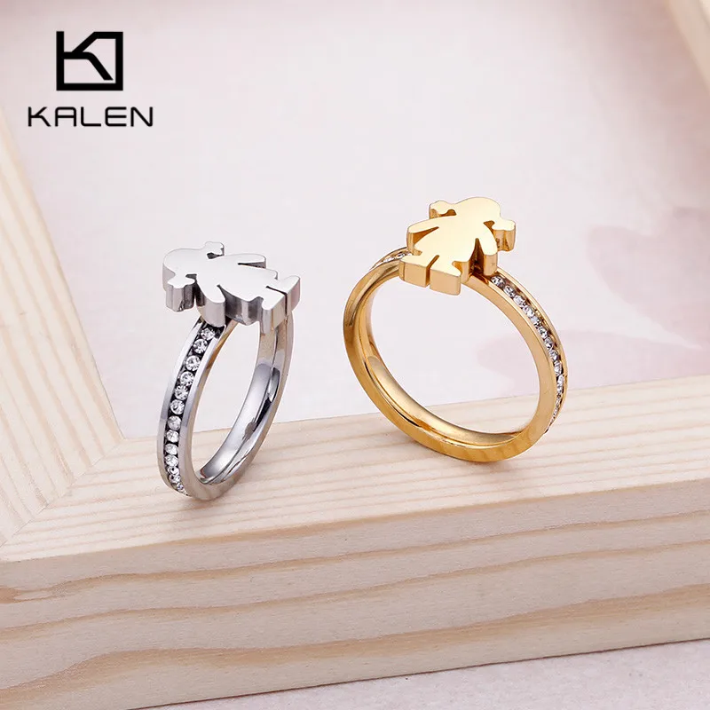 KALEN 2018 New Stainless Steel Silver Girl Charm Rings For Women Rhinestone Cartoon Girl Finger Rings Size 6 7 8 9 Rings Jewelry