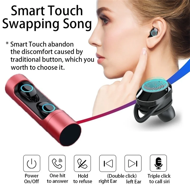 Waterproof Bluetooth 5.0 Headset Sports Smart Touch Earphones Wireless Noise Cancelling Hi-Fi Stereo Earbuds with Microphone