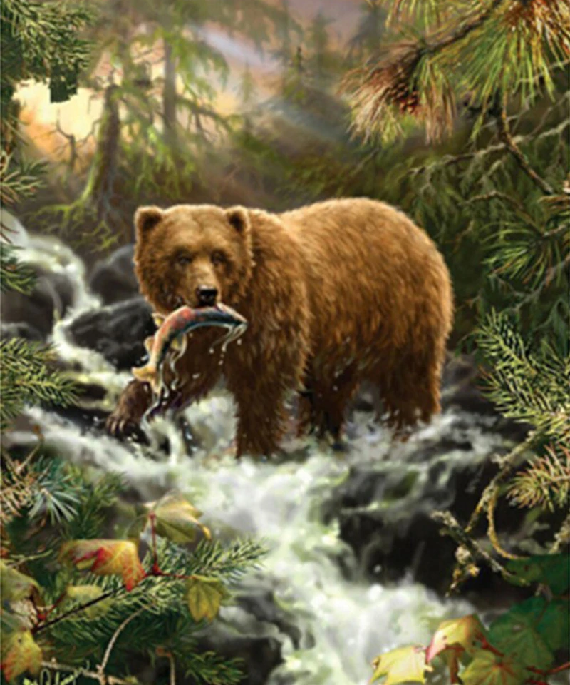 5d Diy Diamond Painting Scenery Animal Full Square Drill Brown Bear Eat Fish In Forest Rhinestone Mosaic Embroidery Cross Stitch