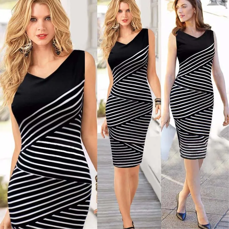 

Summer women's black and white striped large size dress slim pencil