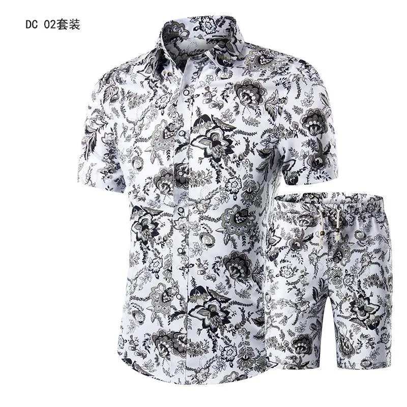 Новые летние модные мужские рубашки в цветах в народном стиле повседневные рубашки топ с короткими рукавами для отдыха пляжные шорты+ шорты 1620