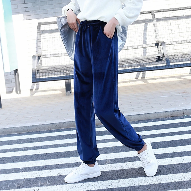 

Autumn Winter Women Gold Velvet Pants Elastic Drawstring Sweatpants High Waisted Loose Side Full Trousers Casual Velour Femme