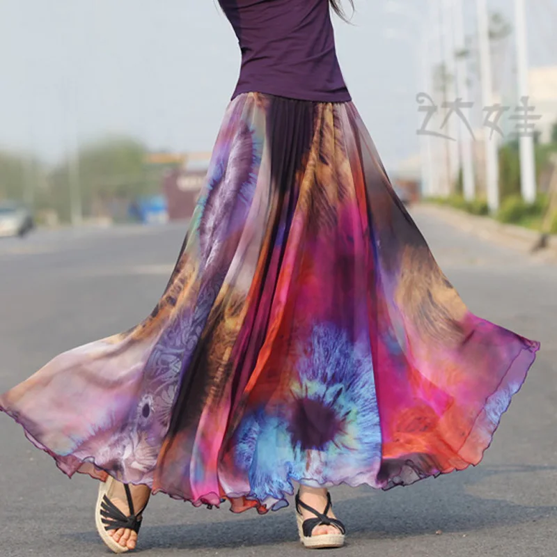 

2018 Summer Bohemia Neon Floral Chiffon Big Hem Fairy Cute Falda Seaside Beach Holiday Women's Female Maxi Long Skirts Womens /