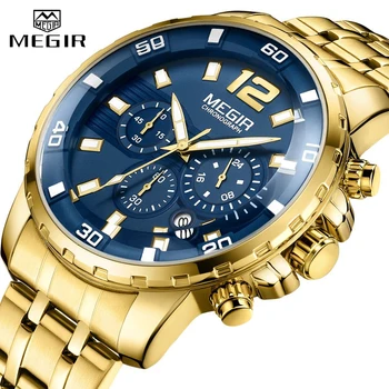 2020 New Men Watch MEGIR Luxury Gold Business Chronograph Sport Mens Watches Full Steel Military Quartz Wristwatches Clock Men original big dial megir men watch chronograph quartz stainless steel brand clock business wrist watch luxury men reloj hombre