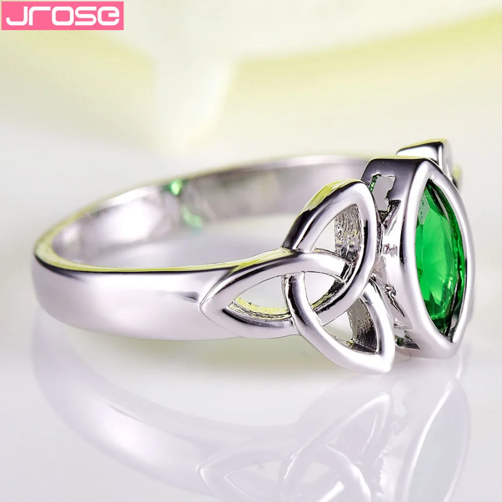 JROSE Engagement Party Green Cubic Zircon Celtic Knot Jewelry White Gold Color Ring Size 6 7 8 9 10 Anniversary Gifts For Lovers