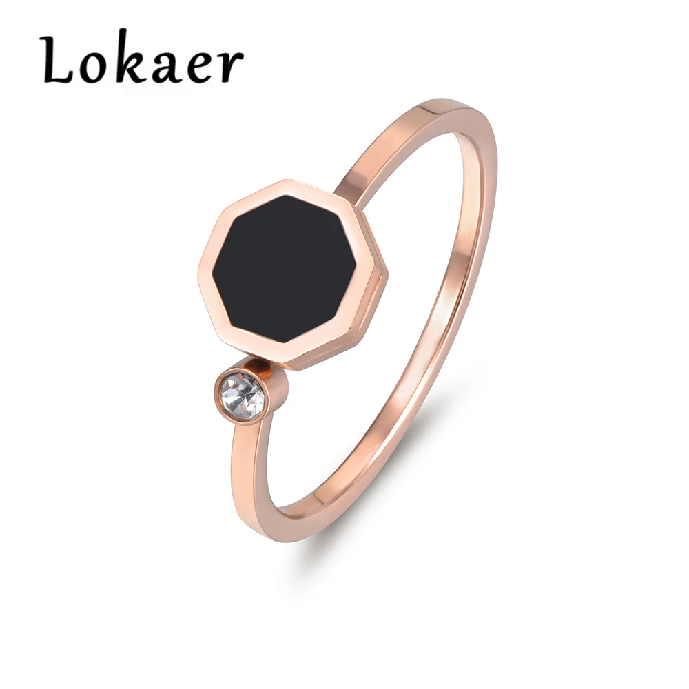 

Lokaer Simple Rose Gold Hexagon Black Shell And Single Tiny Rhinestones Stainless Steel Rings For Women Christmas Gifts R17029