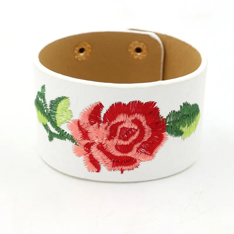

2019 Bohemia Embroidery Flower Leather Bracelet Female Fashion Wide PU Leather Bracelets & Bangles Women Female JB0471