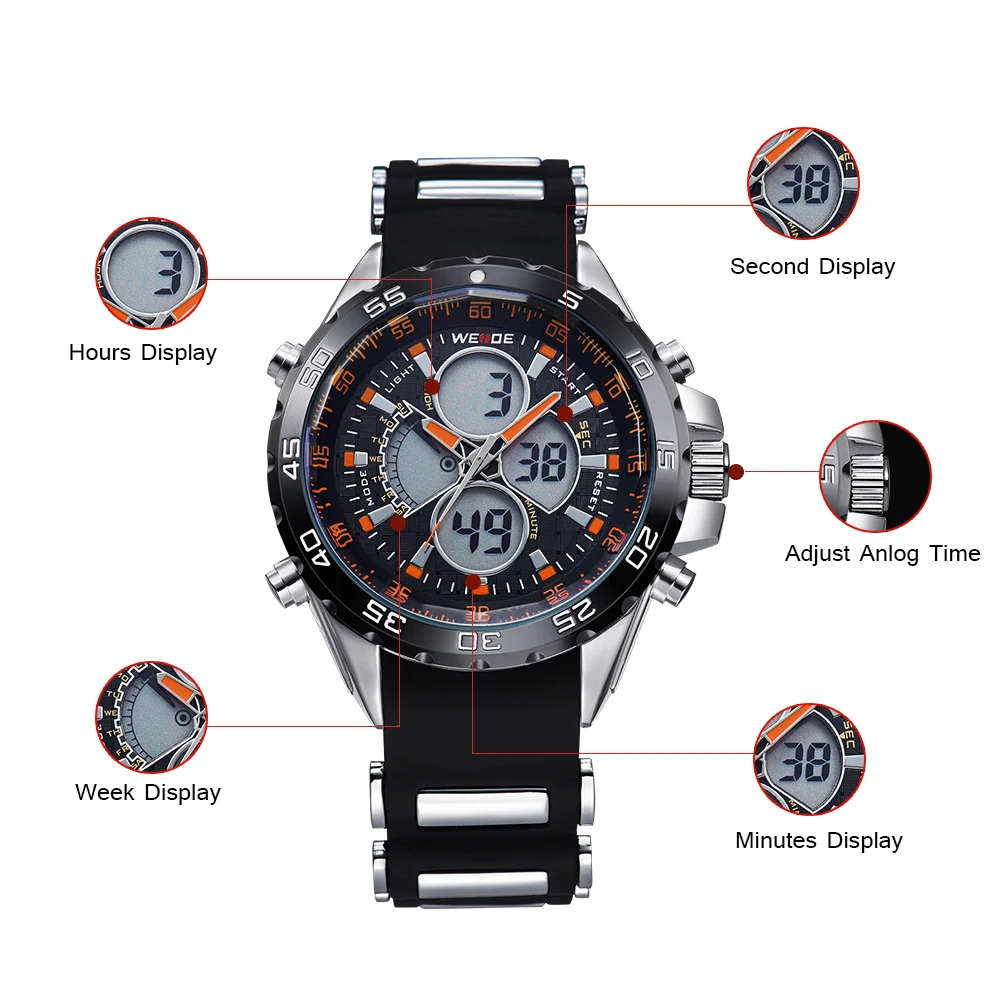 WEIDE  casual genuine Original Brand Men's Sport  Watches Analog Digital Dual Movement  Waterproof Silicone Strap Gift For Men