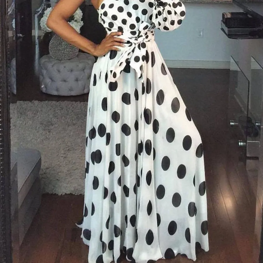 

2019 New One Shoulder Polka Dot Dress Summer Women Bow Off-Shoulder Sexy A-Line Dress Sashes Empire Bohemian Dresses