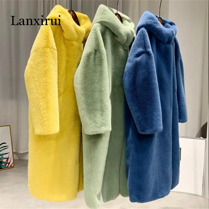 

Autumn Winter Mink Women Fur Coat Clothes Plus Size Korean Faux Fur Streetwear Hooded Loose Thick Warm Long Coat Female