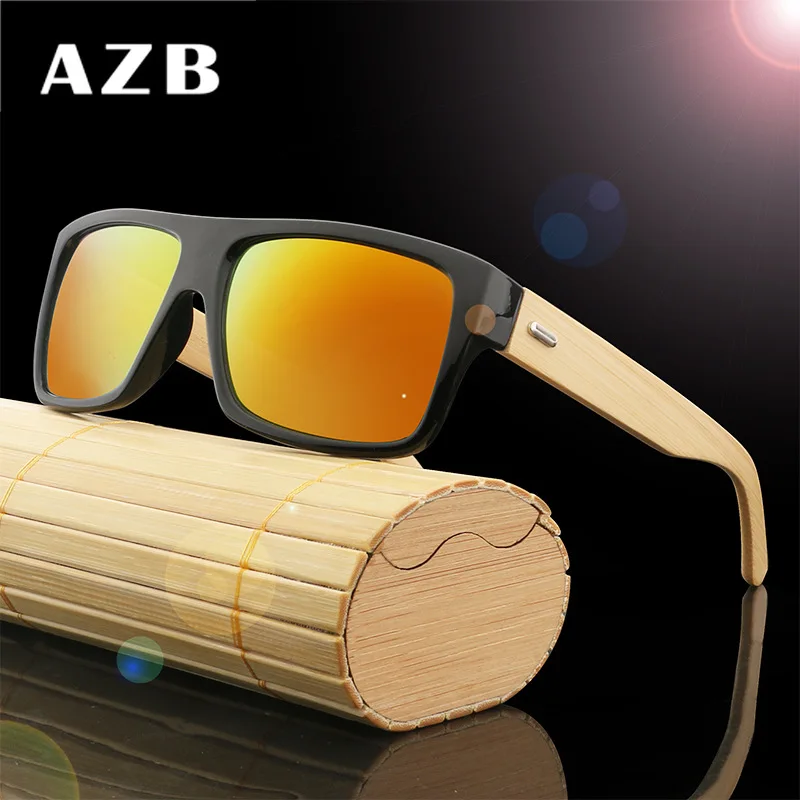 

AZB Square Oversized Wood Sunglasses Mens Vintage UV Protection Bamboo Wooden Sun Glasses Shades Gafas Oculos de sol