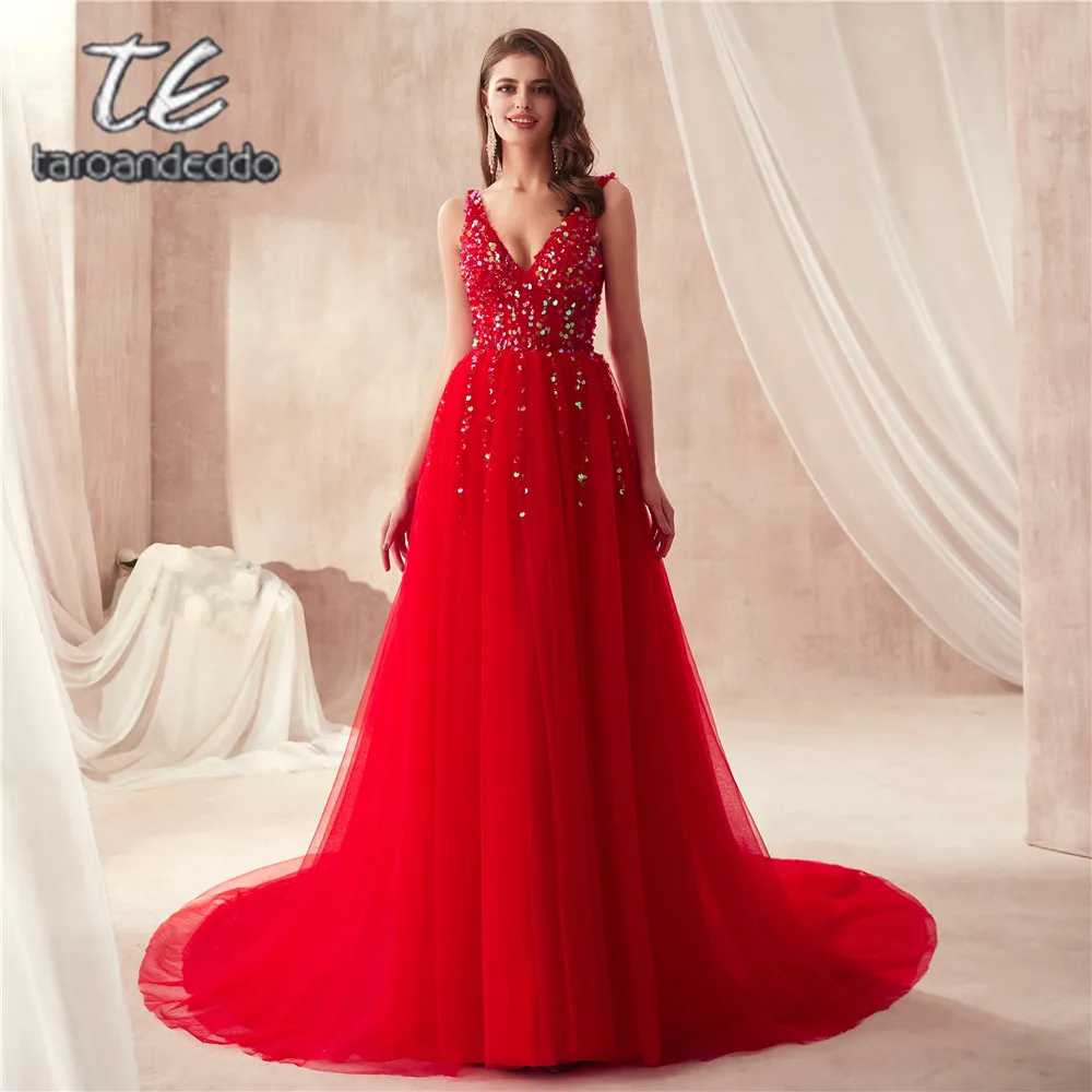 

2019 A-line Sequins Beading Prom Dresses V neck Sleeveless Evening Gown A-line Red Tulle Open Back Prom Gowns