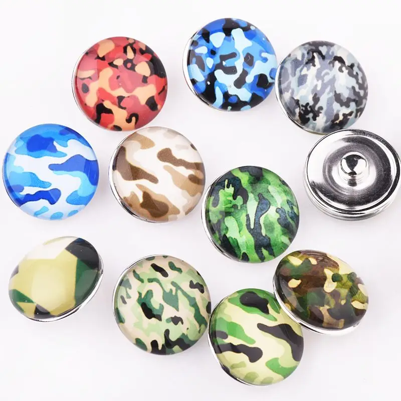 

2017 New Design Camo Glass 18MM Snap Button Fit craft Snap Bracelet&Bangle Men Women DIY Snap Jewelry 12pcs Lot Charm