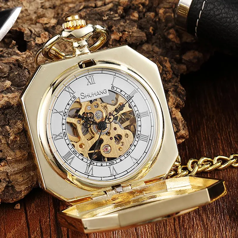 Винтажные Золотые Квадратные карманные часы с каркасом, механические, ручной Ветер, Роскошный брелок, ожерелье, часы с цепочкой для мужчин