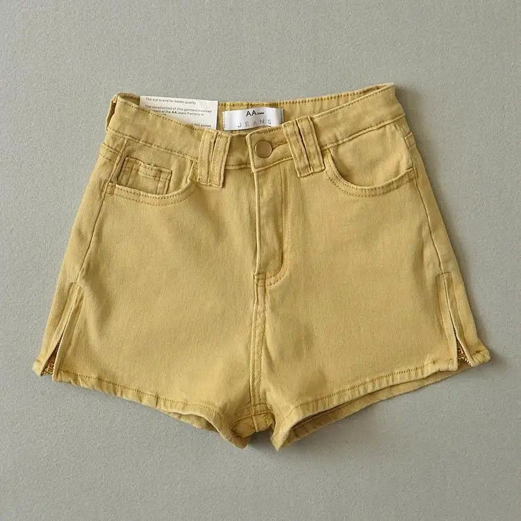 Летние Новые Модные женские шорты с высокой талией и боковой молнией, цветные хлопковые тонкие джинсовые шорты для женщин - Цвет: Цвет: желтый
