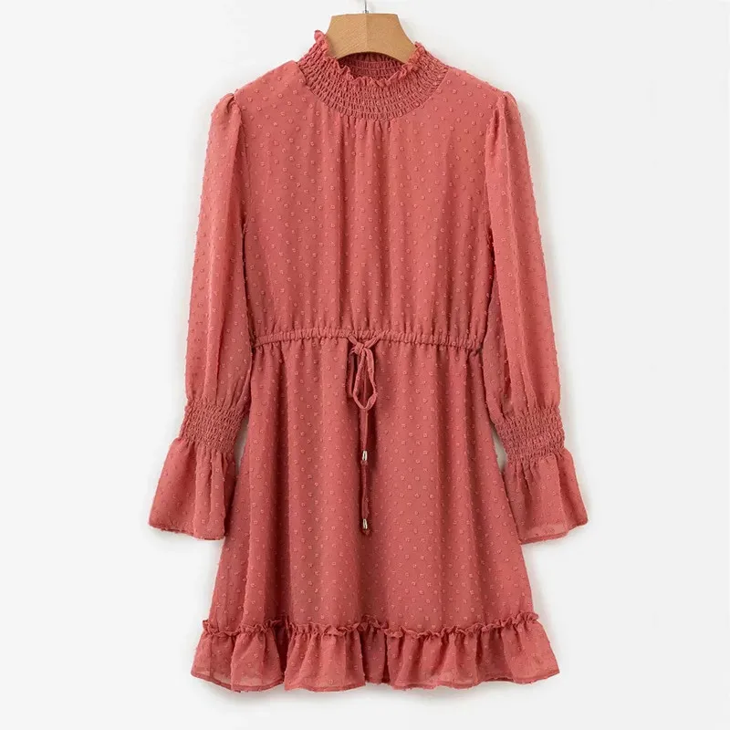 yinlinhe Pink Dot Dress Women Long Lantern Sleeve Transparent Turtleneck Autumn Dress Women Sexy Slim Waist Vestido  4