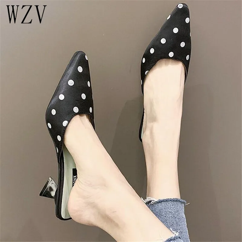 

Brand 2019 Fashion Mules Polka Dot Women High Heels for Women Pointed Toe Slip on Flip Flops Women Slippers E823
