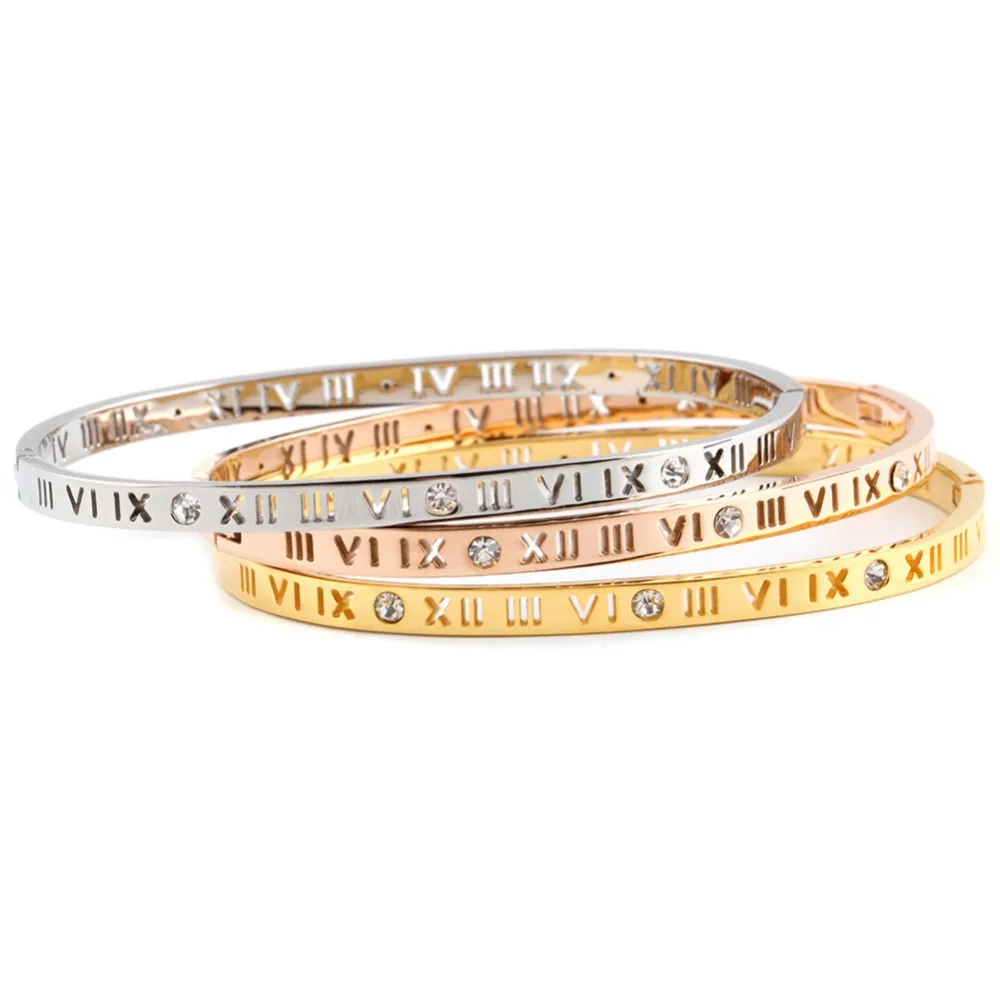 

2018 Hollow Engraved Roman Numerals Bracelet Women Titanium Steel Rhinestone Couple Rose Gold Bracelets Bangles