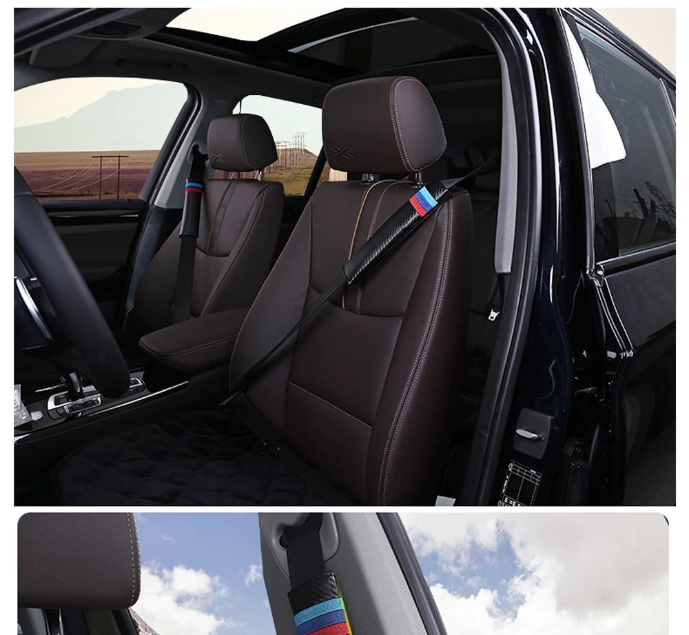 KUN Carbon Fiber Seat Belt Cover Pads for M Sport Logo Embroidery E90 E91 E92 M3 M5 M6 F10 F20 F30 G30 E60 E61 E62 F07 F15 F16 X1 X3 X4 X5(1 Pair)