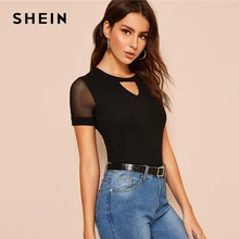 SHEIN элегантная женская черная однотонная облегающая футболка с контрастным сетчатым рукавом и вырезами, летняя футболка с коротким рукавом