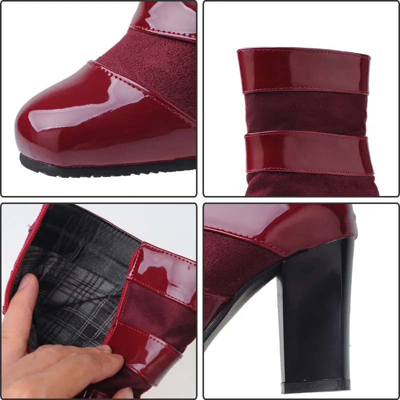 Talon Vintage With Flock Dames Zip Mujer Chaussures white Flock Mix Taille Fur Bottes black Plates Talons 47 32 Couleur Sexy Fur Botas Black Cheville formes red white Fanyuan Flock Haute Carrés 6g1qw65