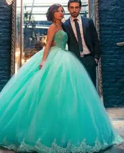 Мятно-зеленый Vestidos De Quinceanera Бисероплетение корсет без бретелей бальное платье с аппликацией длиной в Пол Пышное Платье - Цвет: Зеленый