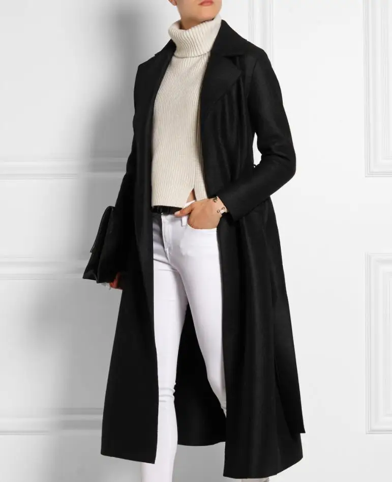 Winter Women turn down collar Black Woolen Maxi Long Coat Slim Belt Robe wool blends Overcoat