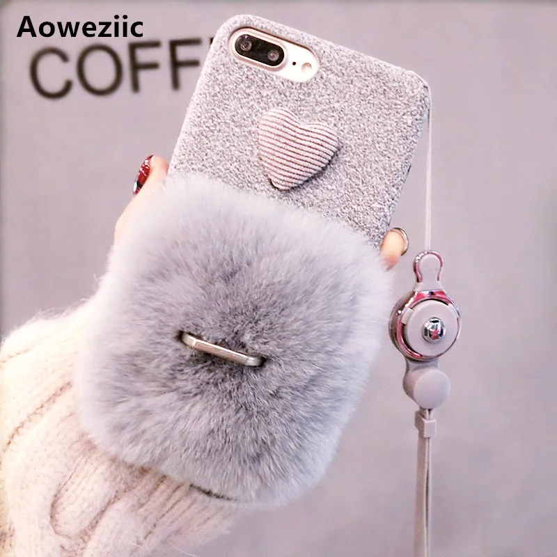 

Aoweziic winter plush For iphone 8 X 6s flannel sets 7plus XS MAX XR phone case with lanyard rabbit hair bracket female models