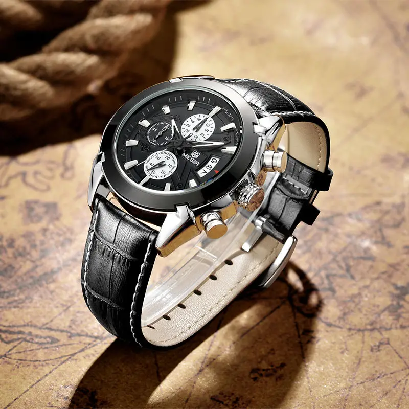 Часы MEGIR Мужские кварцевые с кожаным ремешком оригинальные деловые армейские