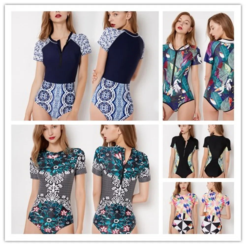 Floral Print One Piece Swimsuit Half Sleeve Swimwear Female Zipper