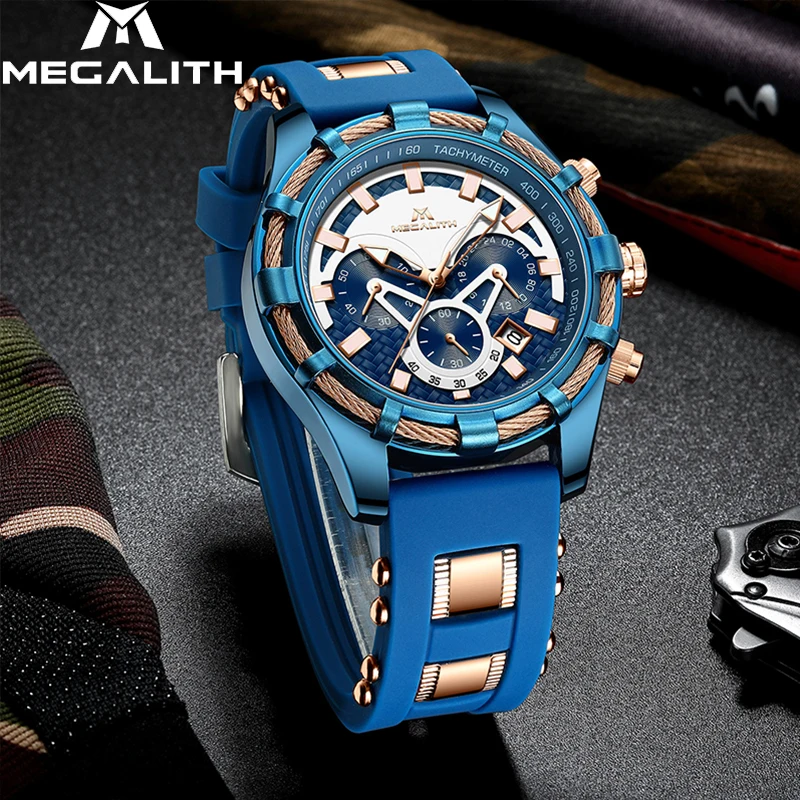 Модные светящиеся мужские часы MEGALITH, Роскошные водонепроницаемые спортивные кварцевые наручные часы с хронографом, Relogio Masculino