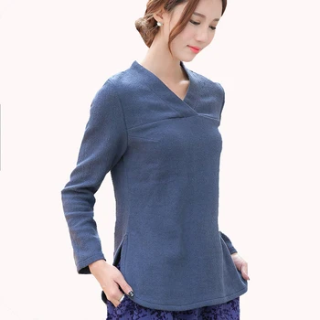 

Blue Chinese Style Ladies Shirt Cotton Linen Women Blouse High Quality Long Sleeved Top Spring Autumn Thick Clothing S-XL