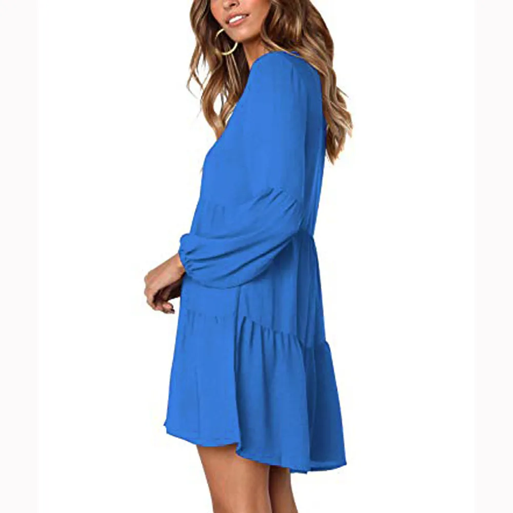 Осеннее женское платье, модное женское однотонное платье с высокой талией, фонарь, длинный рукав, v-образный вырез, Драпированное платье до колен, винно-синее платье, Прямая поставка