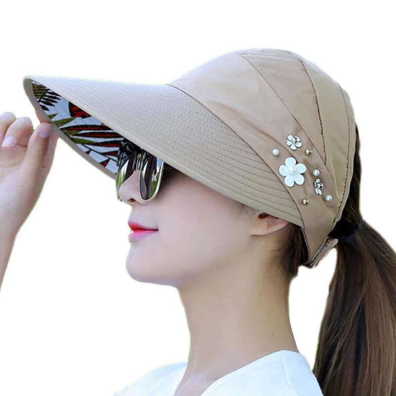 Summer Women Foldable Ponytail Sun Hat Wide Brim Beach Sun Hat Outdoor