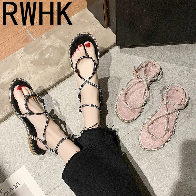

RWHK Sandals female 2019 summer new Korean version of the wild flat bottom pin cross straps rhinestones Roman shoes B250