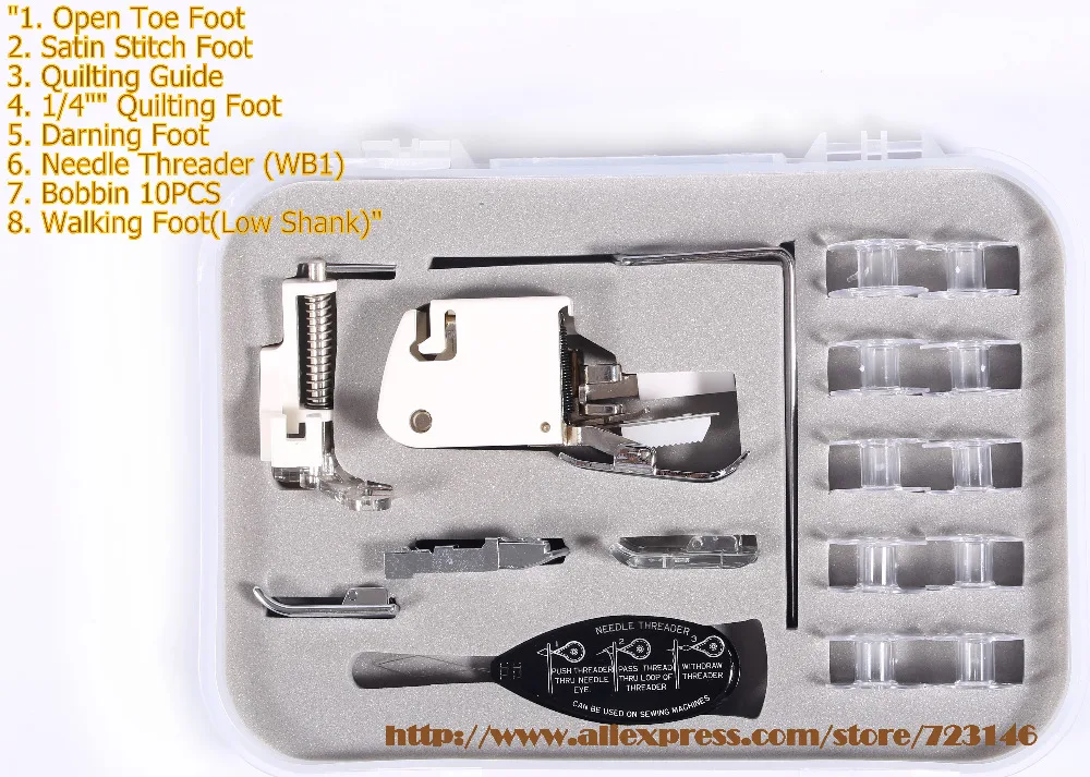 

free shiping mede in japan Quilting Guide,1/4" Quilting Foot,Darning Foot ,Needle Threader,Bobbin,Walking Foot(Low Shank)